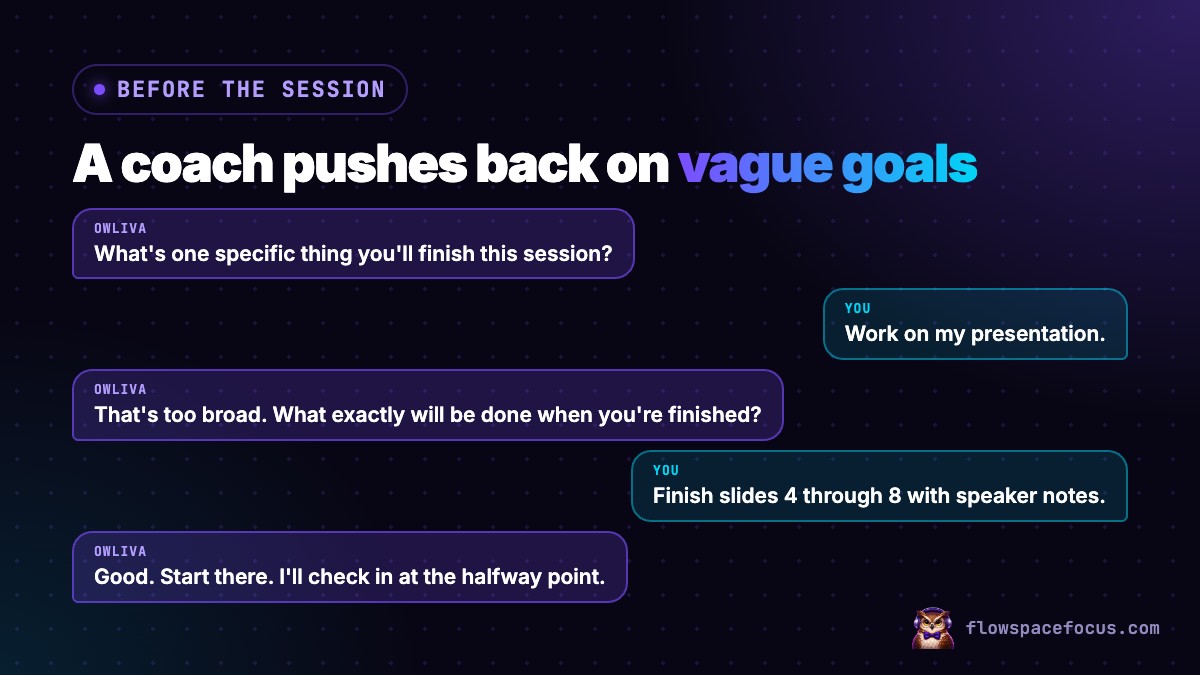 Chat between Owliva and a user: the user says work on my presentation, Owliva says that is too broad, and the user narrows it to finish slides 4 through 8 with speaker notes