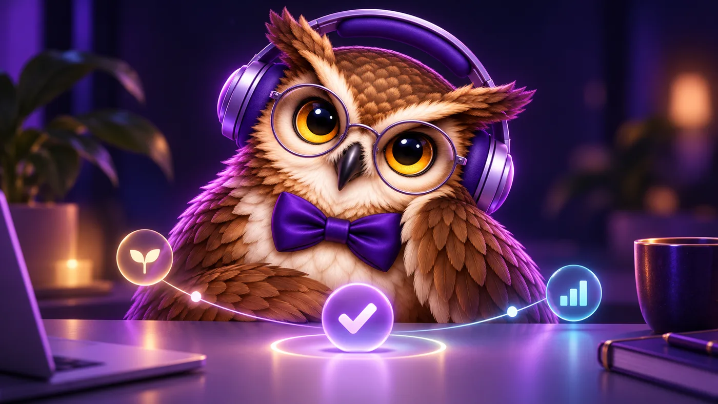 Owliva the owl, FlowSpaceFocus's AI accountability coach, at a desk with a goal-check and progress icon