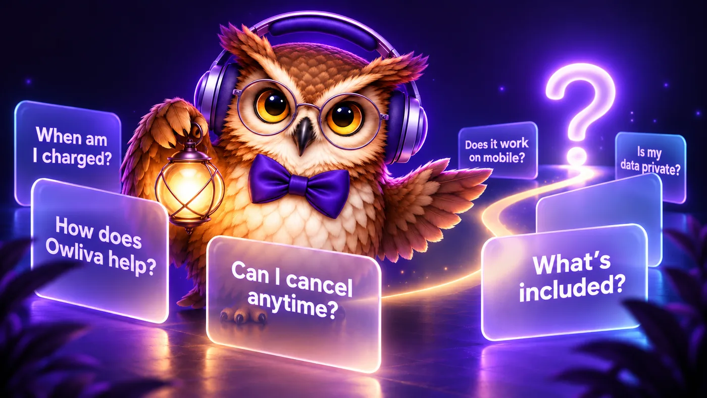 Owliva the owl holding a lantern beside floating question cards about charges, cancellation, mobile support, and data privacy