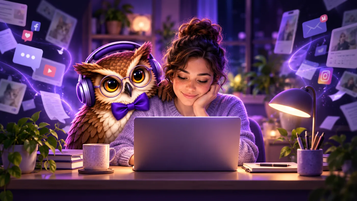 A woman working at her laptop with Owliva the owl beside her, surrounded by faded notification and social-media icons representing distraction
