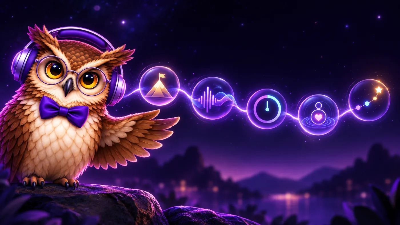 Owliva the owl, FlowSpaceFocus's AI coach, tracing a session's flow from goal to music to timer to check-in to reflection